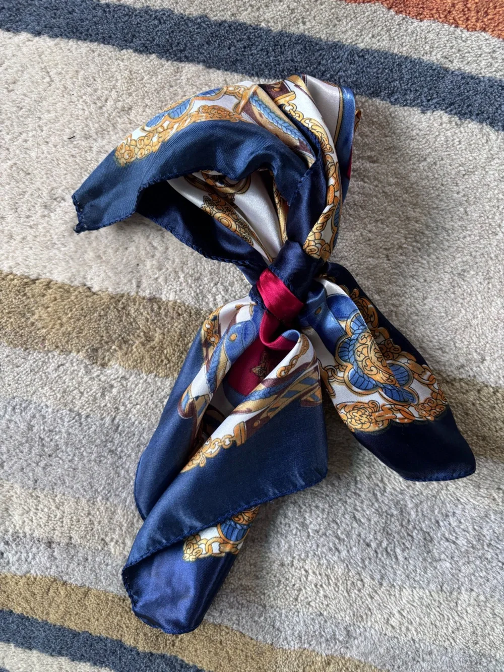 Navy, Burgundy‎ & White Chain-Print 19” Square Scarf